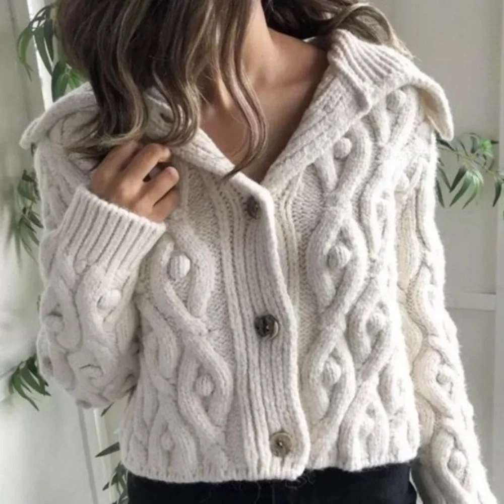 Cozy Cable Knit Button-Front Cream Sweater - Picture 2 of 12